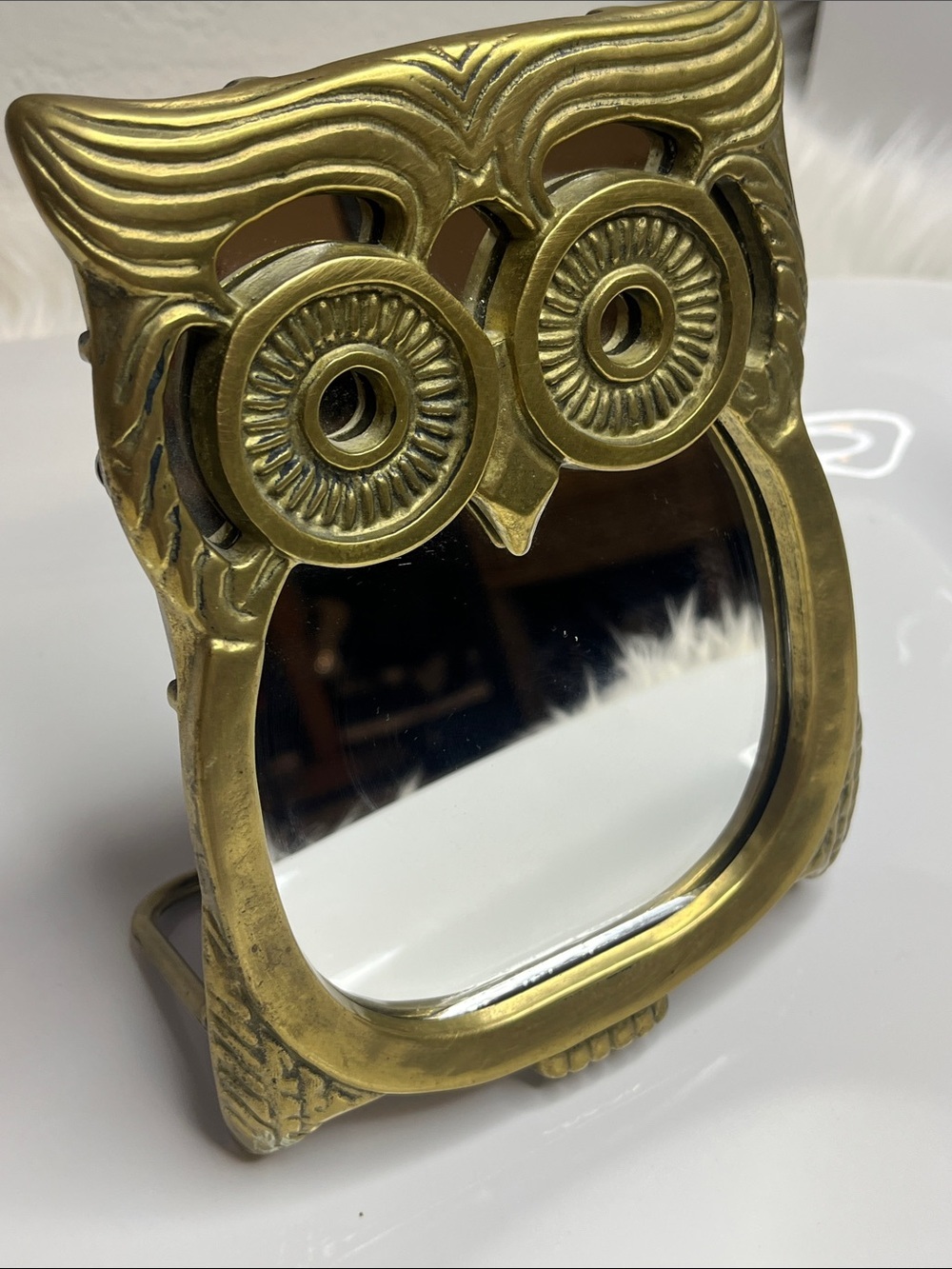 Vintage Brass Owl Mirror - Gold Tone